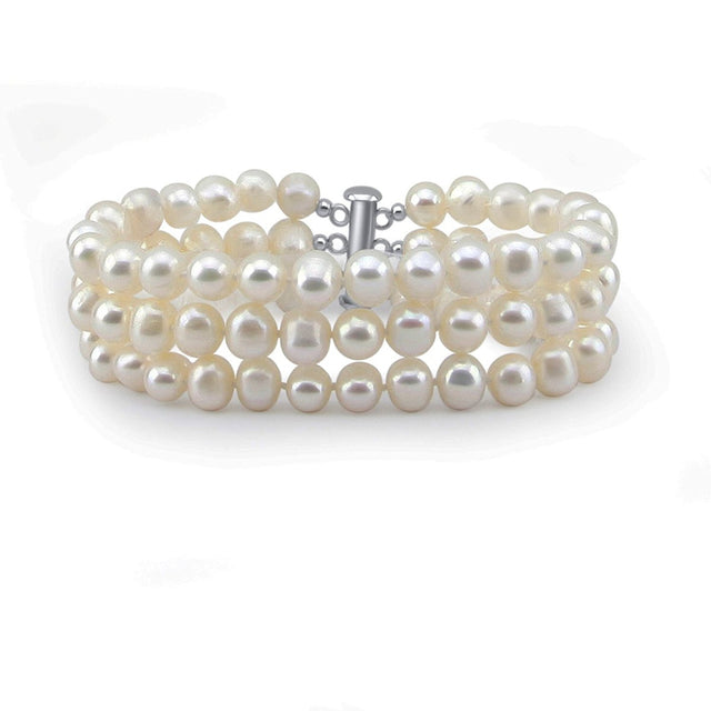 3-Row 7.5–8mm White Freshwater Cultured Pearl Bracelet, 7"