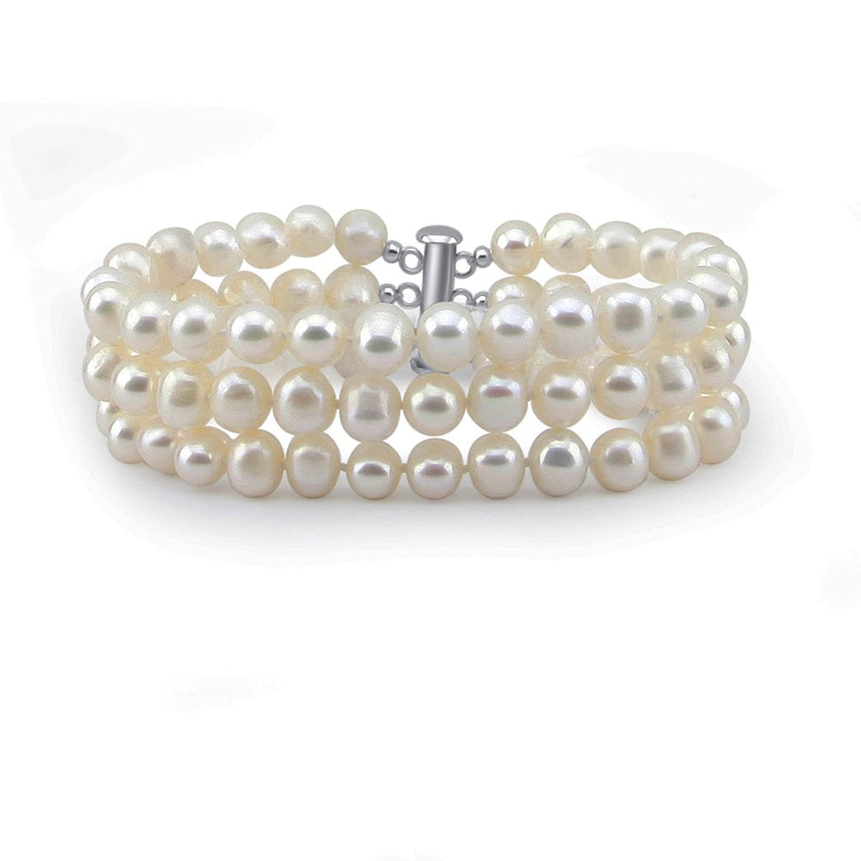 3-Row 6.5–7mm White Freshwater Pearl Bracelet, 7"