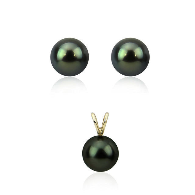 14K Yellow Gold 9–10mm Round Black Tahitian Cultured Pearl Pendant and Stud Earring Set