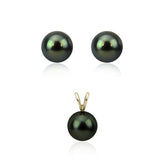 14K Yellow Gold 9–10mm Round Black Tahitian Cultured Pearl Pendant and Stud Earring Set