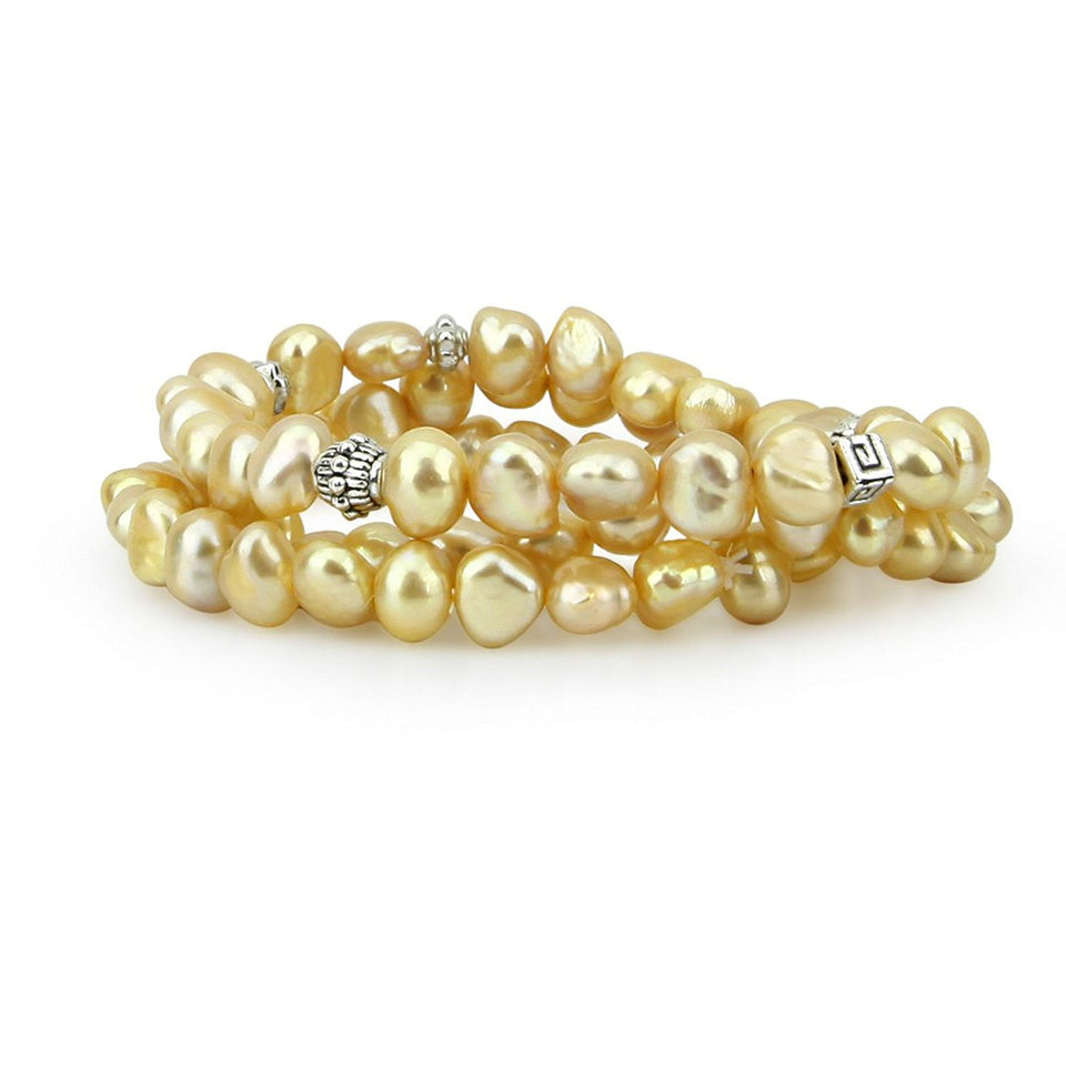 7–8mm Champagne Freshwater Cultured Pearl Stretch Bracelets with Base Beads, Set of 3, 7.5"