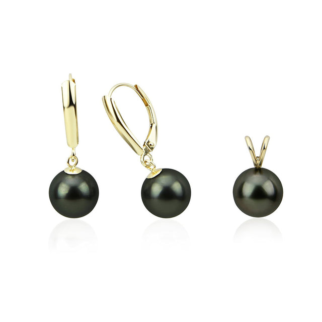 14K Yellow Gold 9–10mm Round Black Tahitian Cultured Pearl Pendant and Leverback Earring Set
