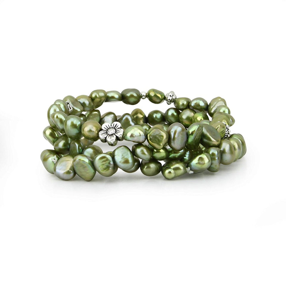 7–8mm Forest Green Freshwater Cultured Pearl Stretch Bracelets, Set of 3, 7.5"