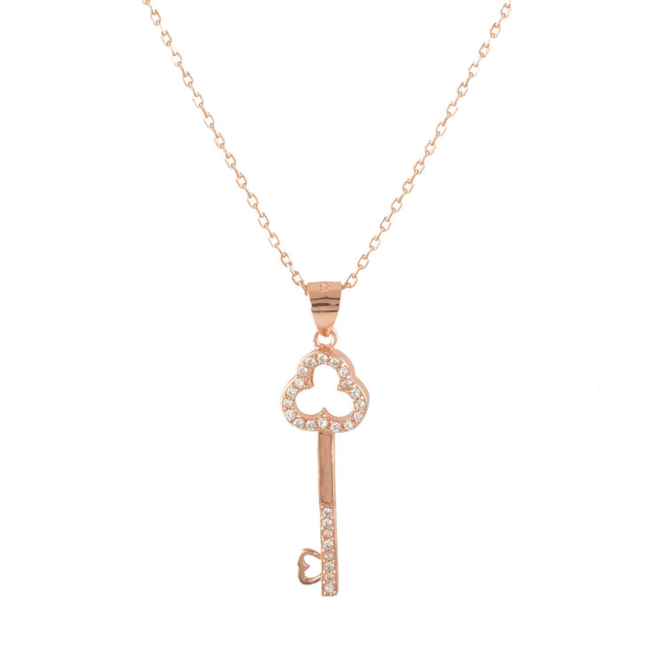 Rose-Gold-Flashed Silver CZ Pavé Key Pendant with 18" Chain