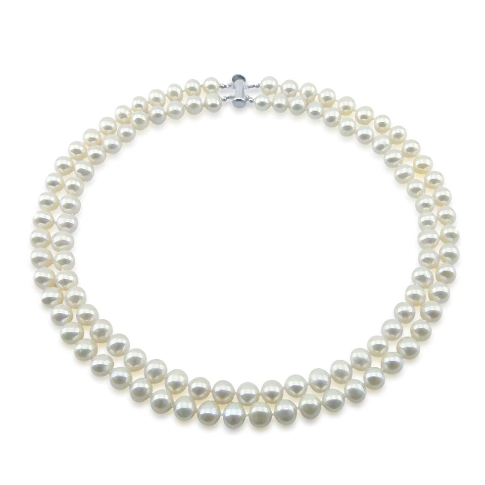 Sterling Silver 2-Row 8–9mm White Freshwater Cultured Pearl Necklace, 17–18"