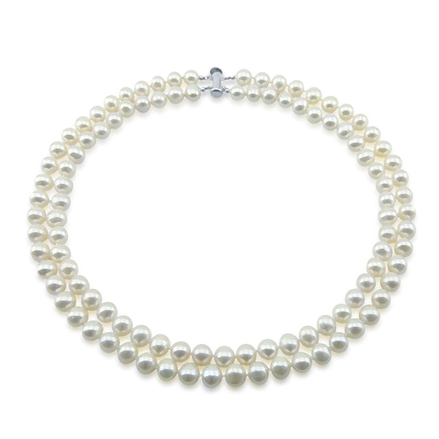 Sterling Silver 2-Row 8–9mm White Freshwater Cultured Pearl Necklace, 17–18"