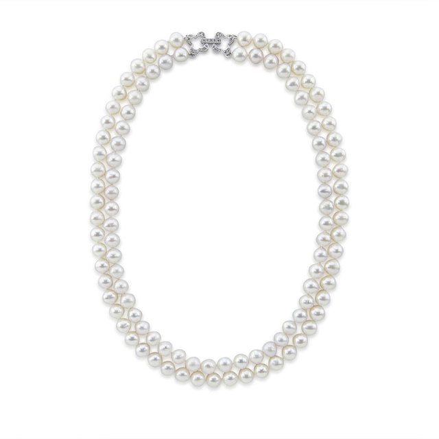 2-Row 7–7.5mm White Freshwater Cultured Pearl Necklace, 17", with Base Metal Rhinestone Clasp