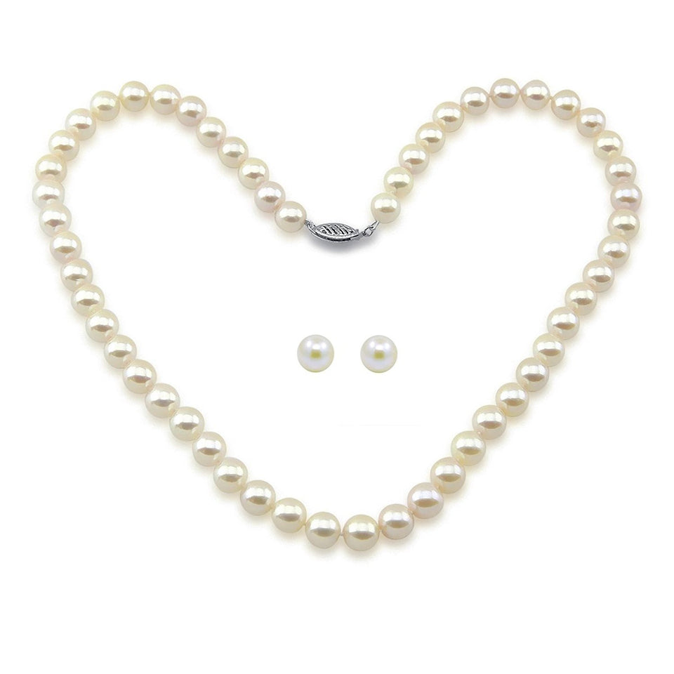 14K White Gold 7–7.5mm White Akoya Cultured Pearl Necklace, 18", and Stud Earring Set