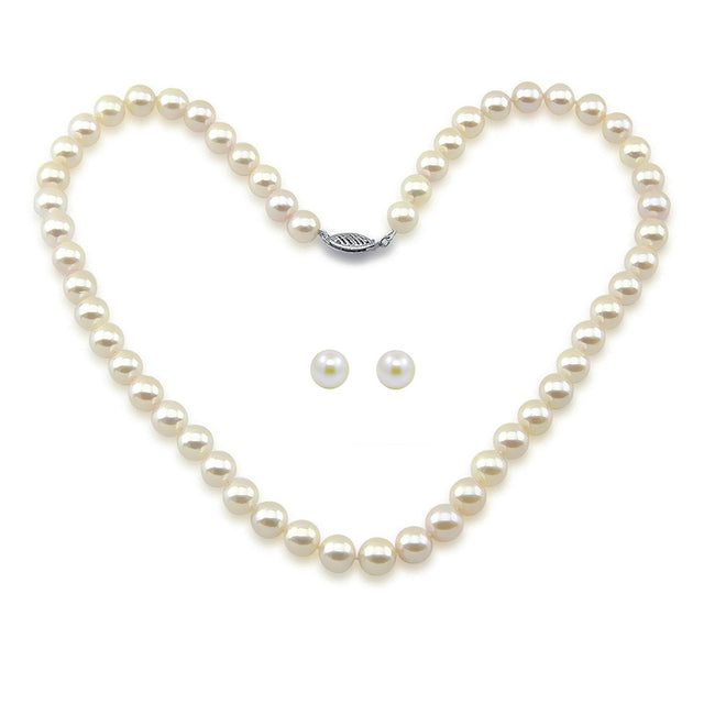 14K White Gold 7–7.5mm White Akoya Cultured Pearl Necklace, 18", and Stud Earring Set