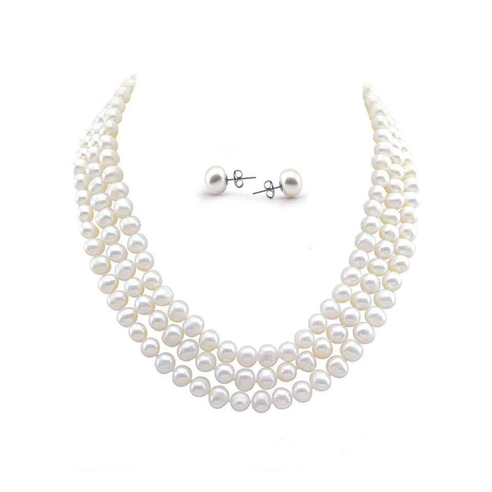 3-Row 6.5–7.5mm White Freshwater Pearl Necklace & Earrings Set