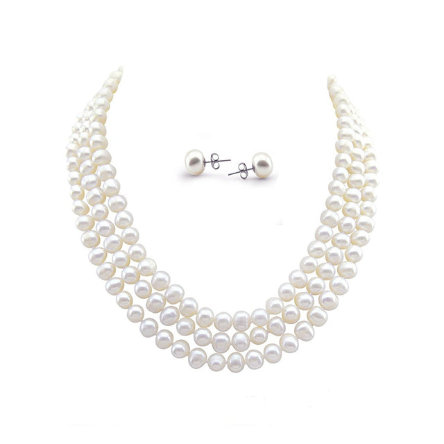 3-Row 6.5–7.5mm White Freshwater Pearl Necklace & Earrings Set