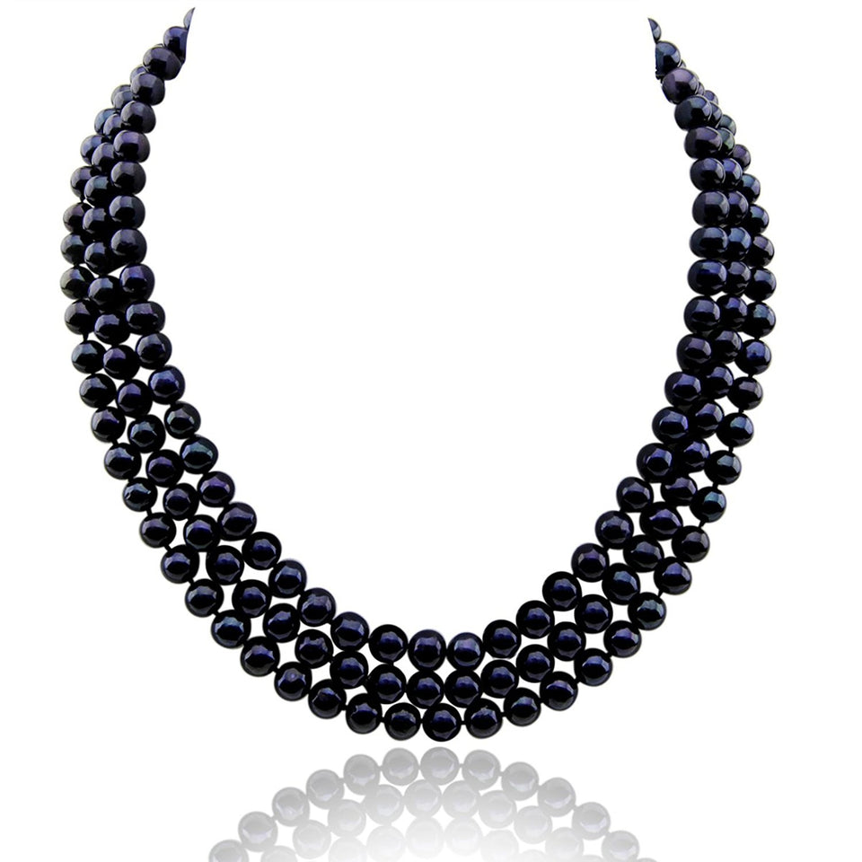 Three rows of dyed-black 6.5–7.5mm Freshwater cultured pearls with blue-violet highlights, shown in a curved drape.