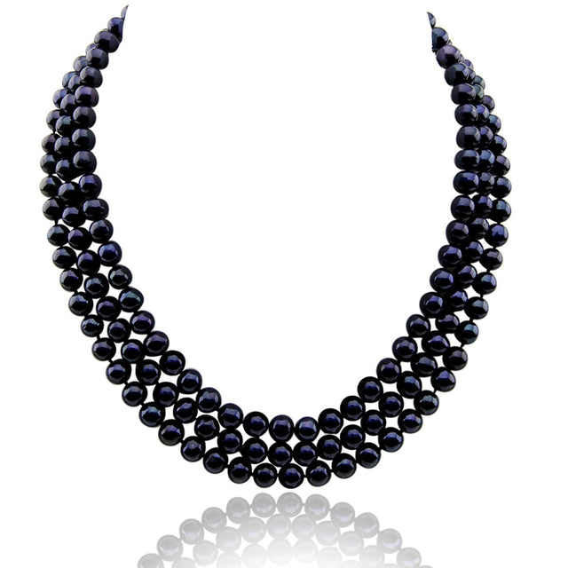 Three rows of dyed-black 6.5–7.5mm Freshwater cultured pearls with blue-violet highlights, shown in a curved drape.