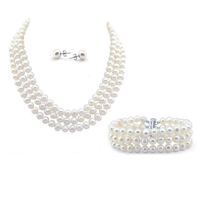 3-Row 6.5–7.5mm Freshwater Pearl Necklace, Bracelet & Earring Set