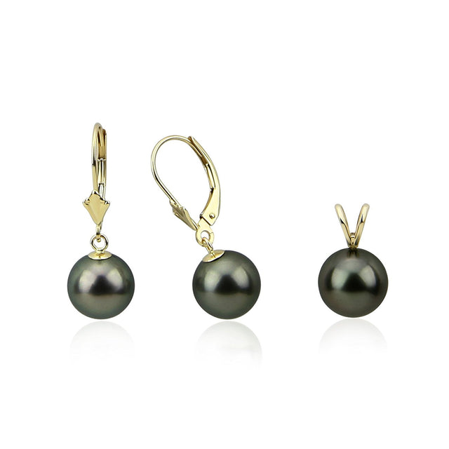 14K Yellow Gold 9–10mm Round Black Tahitian Cultured Pearl Pendant and Lever-Back Earring Set