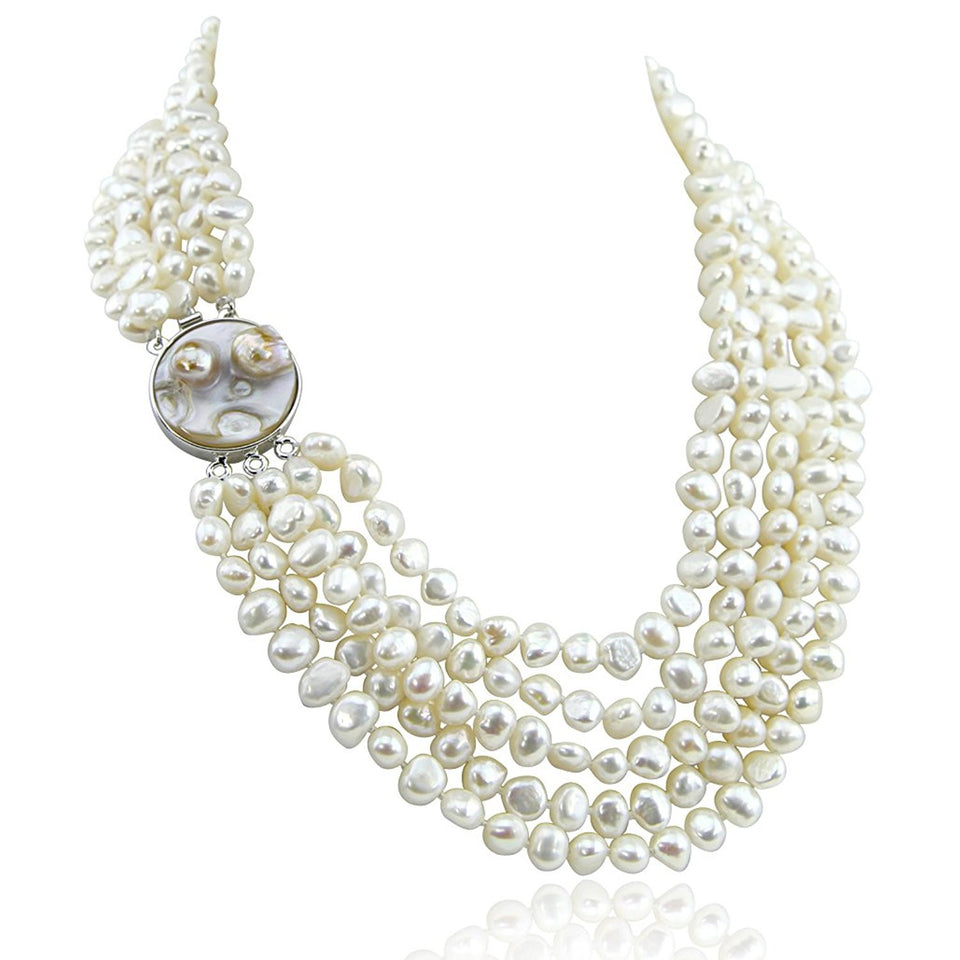 5-Row 7–8mm White Baroque Freshwater Cultured Pearl Necklace, 16–22", with Mother-of-Pearl Metal Clasp