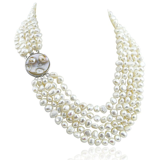 5-Row 7–8mm White Baroque Freshwater Cultured Pearl Necklace, 16–22", with Mother-of-Pearl Metal Clasp