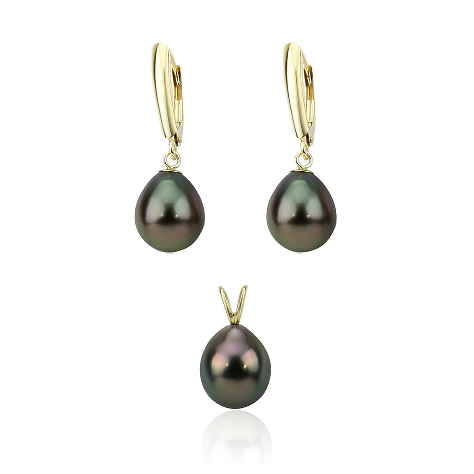 14K Gold 9–10mm Black Tahitian Pearl Pendant & Lever-Back Earrings