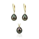 14K Gold 9–10mm Black Tahitian Pearl Pendant & Lever-Back Earrings