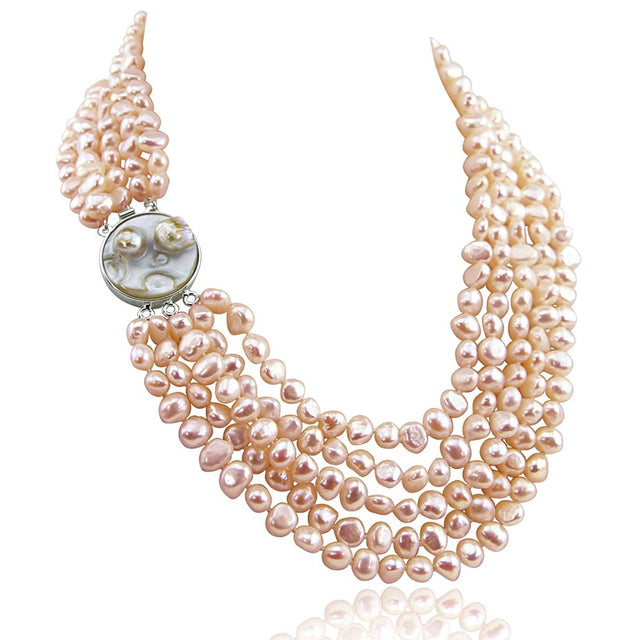 5-Row 7–8mm Pink Baroque Freshwater Cultured Pearl Necklace, 16–22", with Mother-of-Pearl Metal Clasp