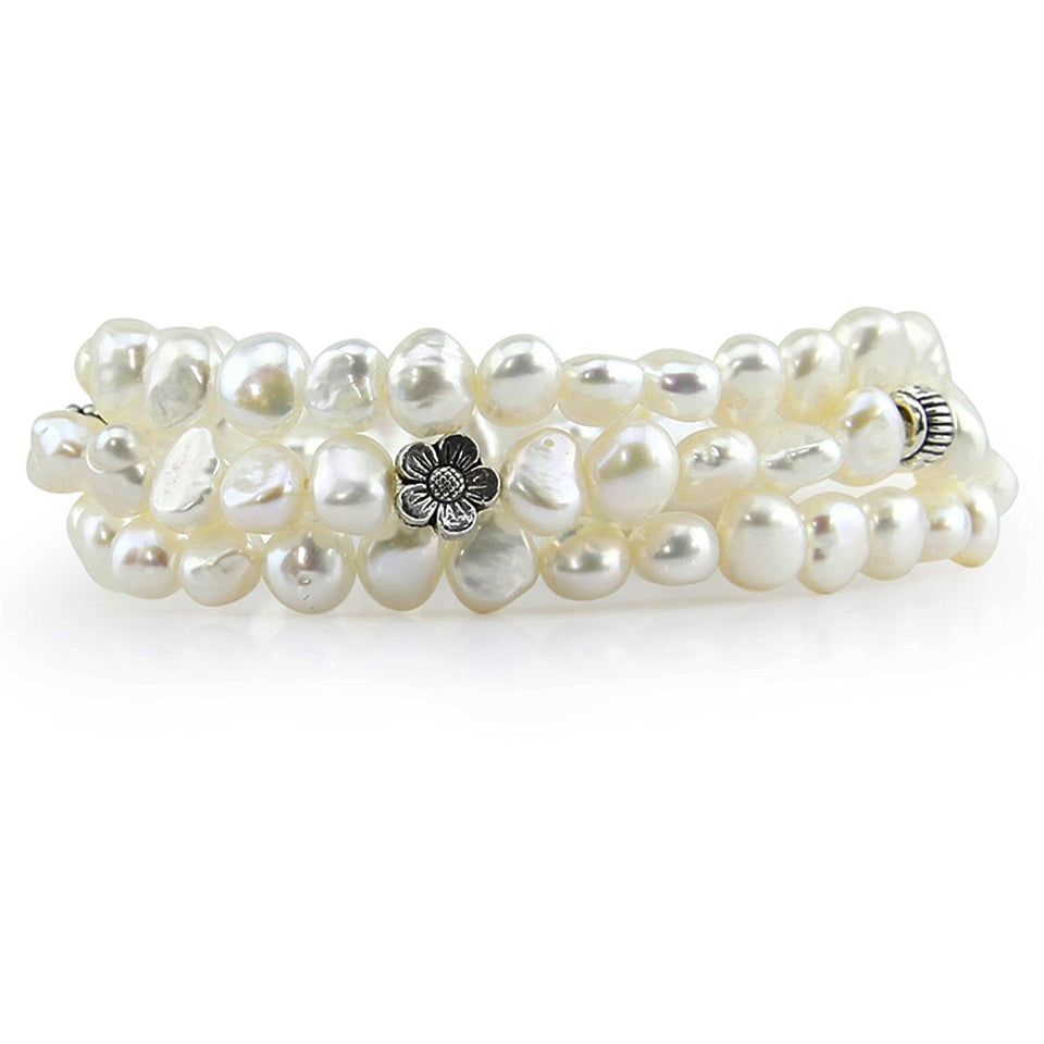 7–8mm White Freshwater Cultured Pearl Stretch Bracelets with Base Beads, Set of 3, 7.5"