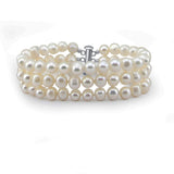 3-Row 6.5–7mm White Freshwater Cultured Pearl Bracelet with Base Metal Clasp, 8"