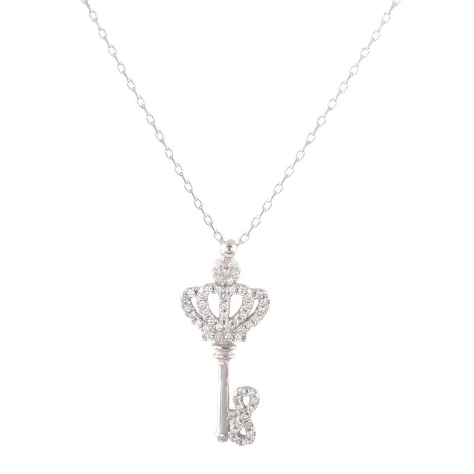 Sterling Silver CZ Pavé Princess's Key Pendant with 18" Chain