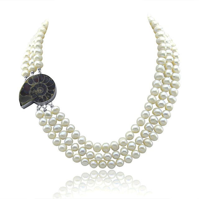 3-Row 6.5–7.5mm White Freshwater Pearl Necklace with Fossil Clasp