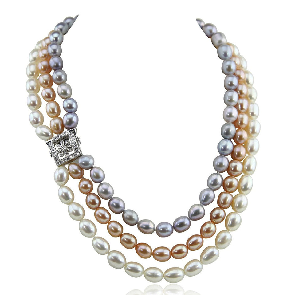 3-Row 8–9mm Multi-Color Oval Freshwater Pearl Necklace