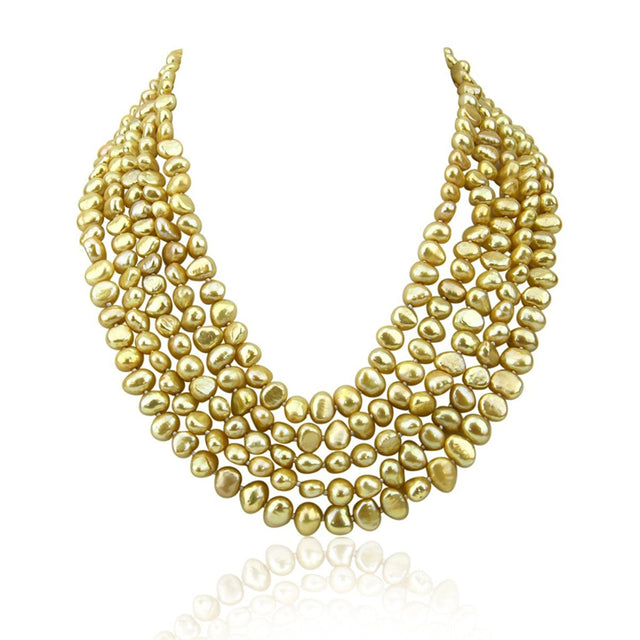 5-Row Champagne Freshwater Cultured Pearl Necklace with Mother-of-Pearl Base Metal Clasp