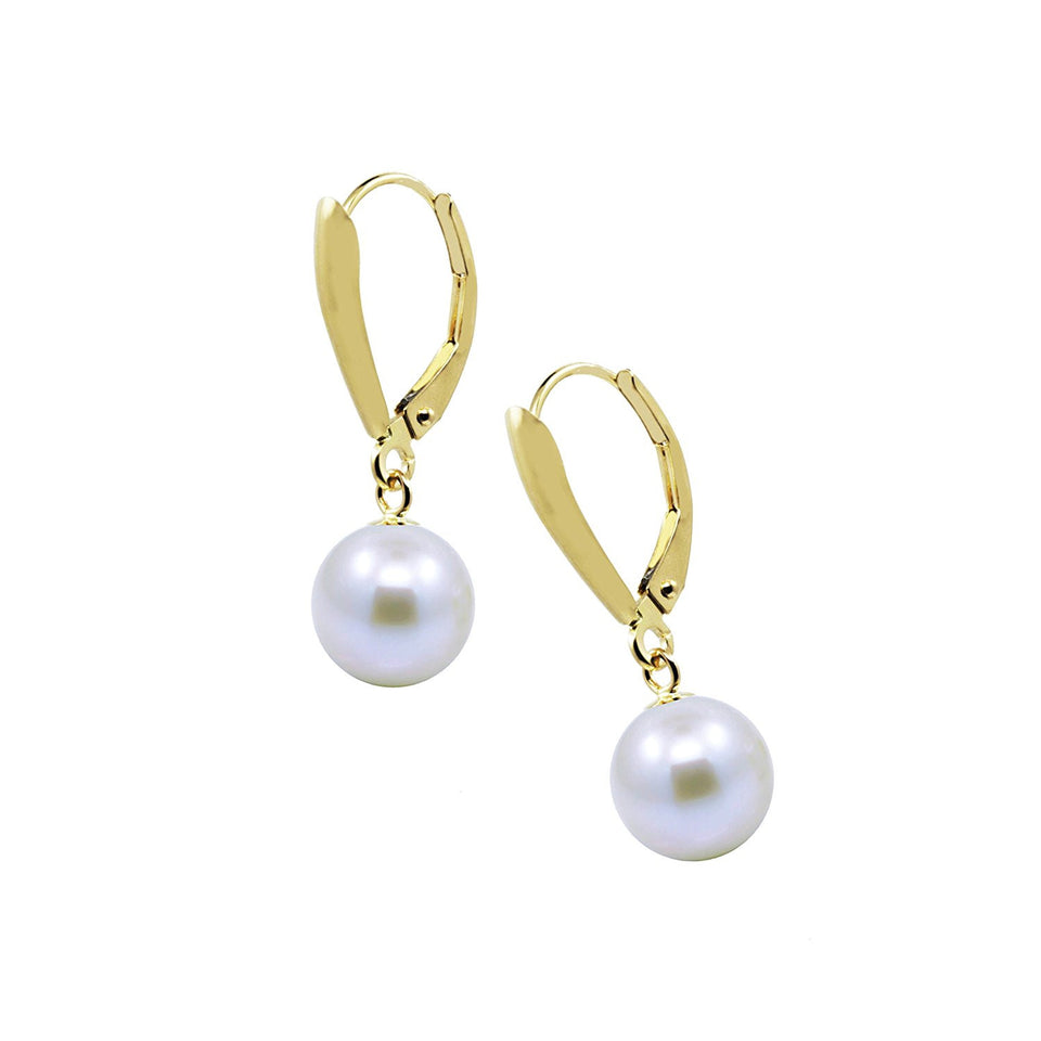14K Gold 8.5–9mm White Freshwater Pearl Lever-Back Earring