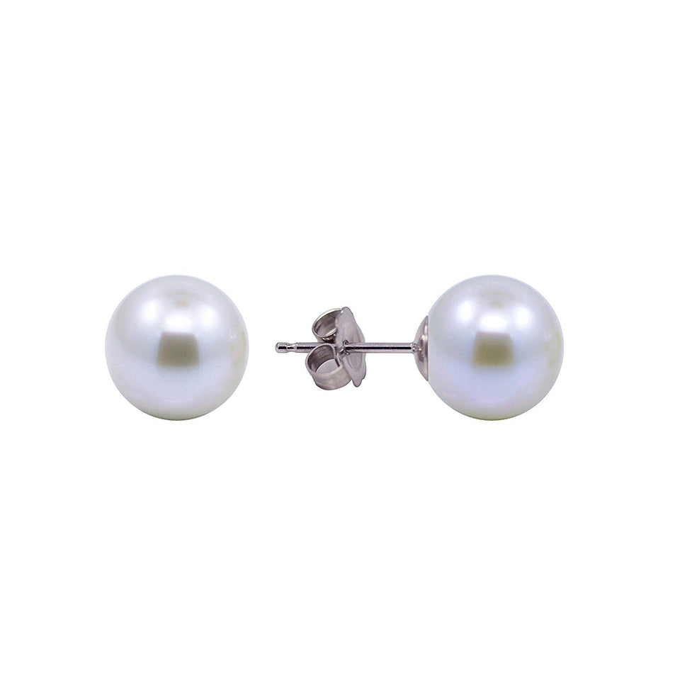 14K White Gold 6.5–7mm White Round Freshwater Cultured Pearl Stud Earrings