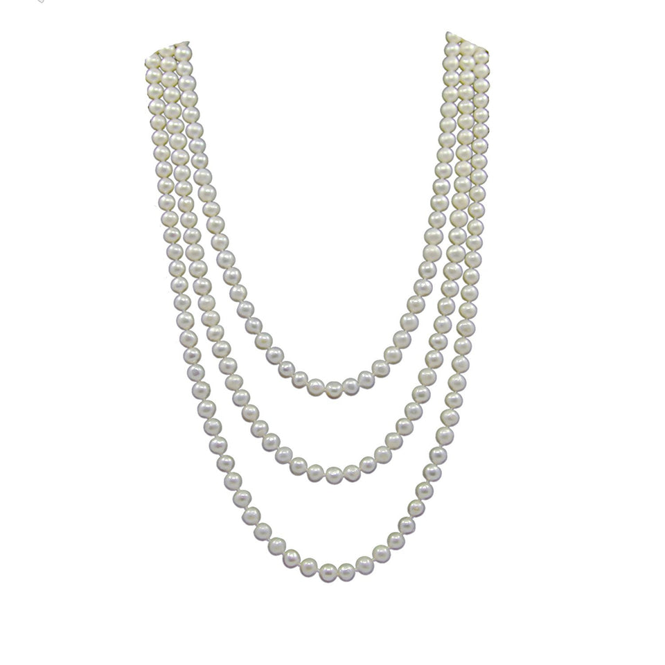 White Freshwater cultured pearl endless necklace shown draped in three nested loops; 60-inch total strand length.