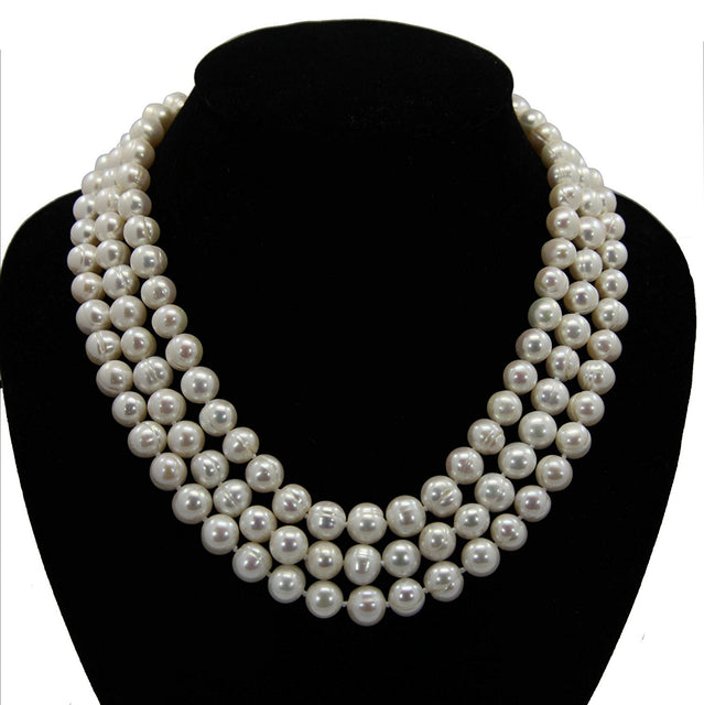 3-Row 9–10mm White Circlé Freshwater Pearl Necklace, 17–19"